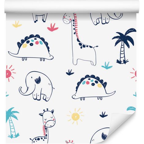 Papier peint dinosaures, palmiers, plantes et soleil pour salon et chambre 50x1000 cm (1/5)
