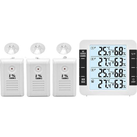 Thermohygromètre numérique intérieur extérieur à 3 canaux avec capteur à distance 328ft/ 100m Thermomètre rétroéclairé Humidimètre Niveau confortable Température Humidité Moniteur avec 3 émetteurs po, (1/4)