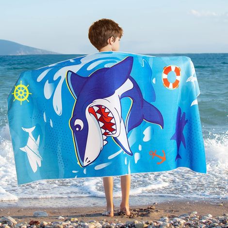 Filiyano-Serviette de plage requin pour enfants - 70 x 150 cm, serviette de bain pour garçons, séchage rapide, couverture de plage Absxx (1/5)