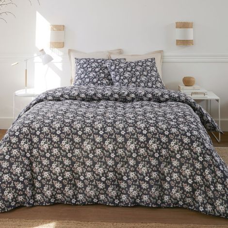 Parure housse de couette 260x240cm + 2 taies motif fleuri bleu marine 100% gaze de coton - KUSIA (1/5)