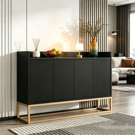 Buffet de rangement avec 4 portes, Étagères réglables, Cadre en métal minimaliste, Dimensions 120x30x80cm – Pour salon, chambre, couloir – Noir (1/5)