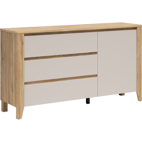 Commode 3 tiroirs 1 porte meuble de rangement coloris Chêne mauvella/cachemire - Longueur 161 x Profondeur 42,5 x Hauteur 90 cm (1/5)
