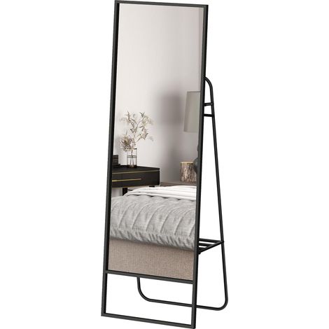 Miroir sur pied, design industriel, étagère arrière, 2 crochets, cadre en métal, pour chambre, 157 x 50 cm, noir (1/5)