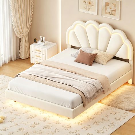 Letto matrimoniale 140x200 cm - Velluto beige - Illuminazione a LED - Design moderno - Rete a doghe (1/5)