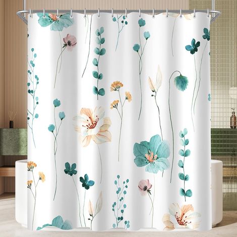 1 Rideau De Douche 180x160 Cm, Motif Fleur Sarcelle, Polyester Imperméable, Anti-moisissure, Avec 12 Anneaux, Pour Salle De Bain (1/5)