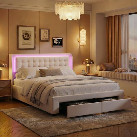 VASIEN – Lit coffre 180x200 cm avec Rangement hydraulique,2 tiroirs,velours,sommier à lattes,lit double adultes,Lit 2 Personnes capitonné,style scandinave - Beige (1/5)