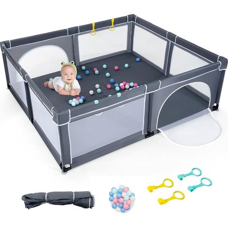 GOPLUS Box per Bambini, Centro Attività per Bambini all’aperto, Box di Sicurezza per Neonati, 50 Palline Colorate, 4 Anelli per Stare in Piedi (Grigio scuro)