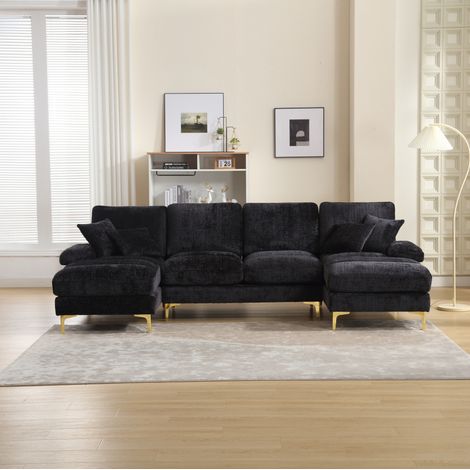 Sofá modular U para salón con doble chaise en chenilla negra OKMYHOME (1/5)