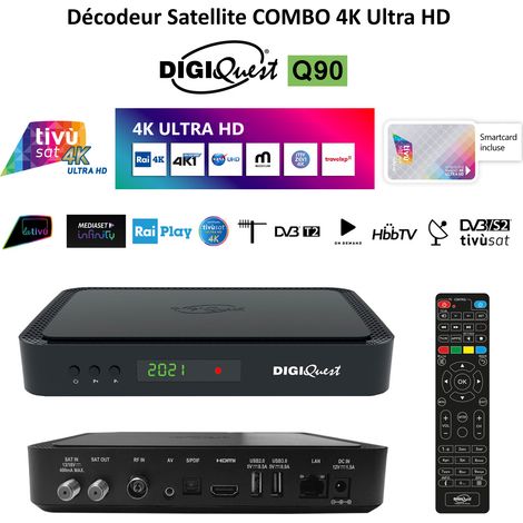 Pack Tivùsat Décodeur Satellite COMBO 4K Ultra HD - DIGIQUEST 4K HBBTV Q90 + Carte Tivùsat Activation Comprise - 2 Lecteurs de carte (1/5)