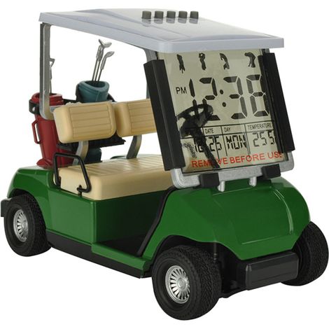 Multifunktionaler elektronischer Wecker mit ewigem Kalender, Design inspiriert von Golfwagen.