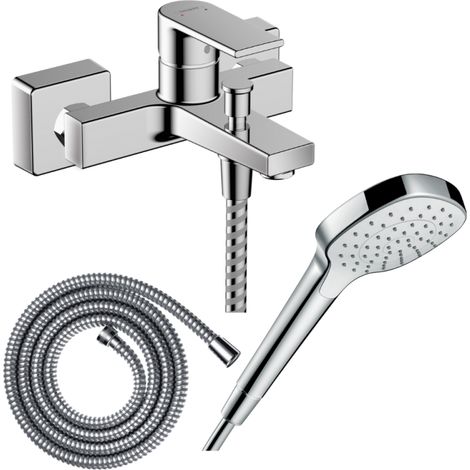HANSGROHE Pack mezclador mecánico de baño-ducha Vernis Shape C2 + flexo Metaflex + rociador Croma Select E EcoSmart blanco/cromo