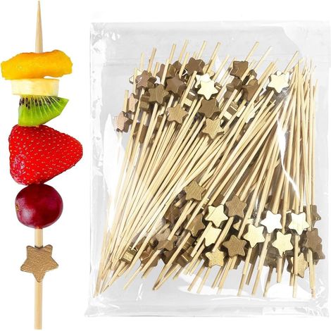 100 Pièces Bâtonnets à Cocktail, Bâtonnets à Cocktail en Bambou Étoile d'Or Brochettes pour Boissons Bâtonnets de Fruits de Fête Accessoires de Planches de Charcuterie (1/5)