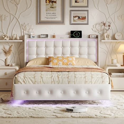 Lit Double 160x200 cm, avec prise USB et lumière LED, Lit Capitonné avec Sommier à Lattes, conception de pieds cachés, sans Matelas, Velours, Beige (1/5)