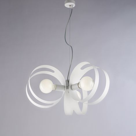 Suspension Peter Fer Blanc, Bandes Découpées Laser, Câble Acier Réglable, 3 Lumières D.48 Cm, Style Épuré Élégant