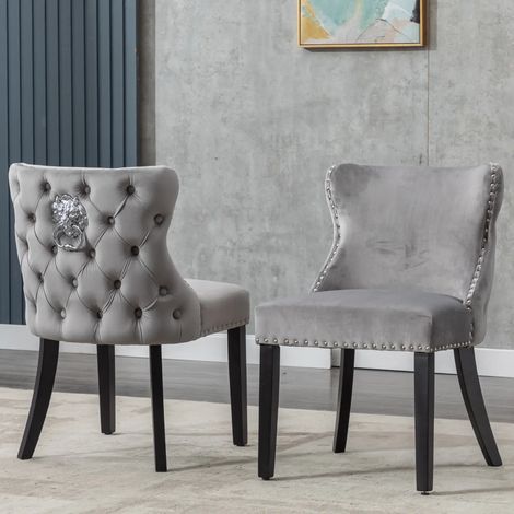Wahson 2 PZ Sedie Sala da Pranzo in Velluto con Dettagli a Borchie, Sedie Cucina Eleganti con Gambe in Legno, Sedie Imbottite con Schiuma ad Alta Densità per Cucina/Soggiorno, Grigio