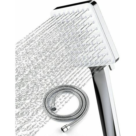 Soffione doccia quadrato con tubo flessibile da 1,5 m, doccetta a mano con 6 modalità di getto ad alta pressione, finitura cromata (1/5)