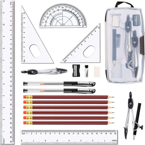 Set di compasso geometrico da 20 pezzi, materiale per studenti: compasso e goniometro, squadre (30°/45°/60°), gomma, temperamatite, righelli (15 cm/20 cm/30 cm) (1/5)