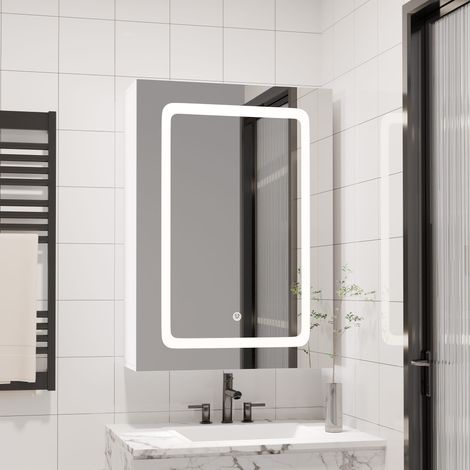 Armoire Miroir Murale de Salle de Bain LED, 50x70cm, Meuble en Panneau de Fibre, Éclairage LED Tactile 3 Couleurs Réglables, Dimmable, 3 Étagères de Rangement, Installation Verticale, Design Moderne e (1/5)