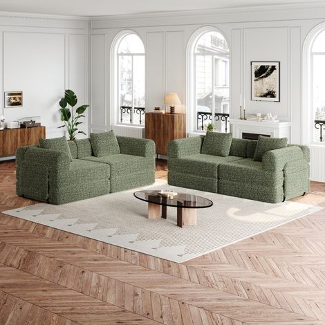 Sofá cama modular 2 en 1 de chenilla verde con almacenaje en reposabrazos y estructura de acero,183,8x91,4x69,8 cm (1/5)