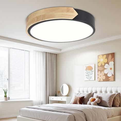 Jiubiaz Lámpara de Techo LED Madera Regulable 48W 30cm Negro con Mando a Distancia 3000K-6000K Plafón Redondo