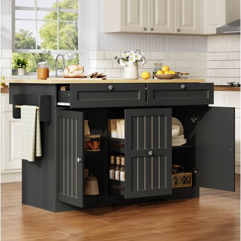 Îlot de cuisine 120x45(70)x92 cm noir en MDF avec plateau rabattable et rangement (1/5)