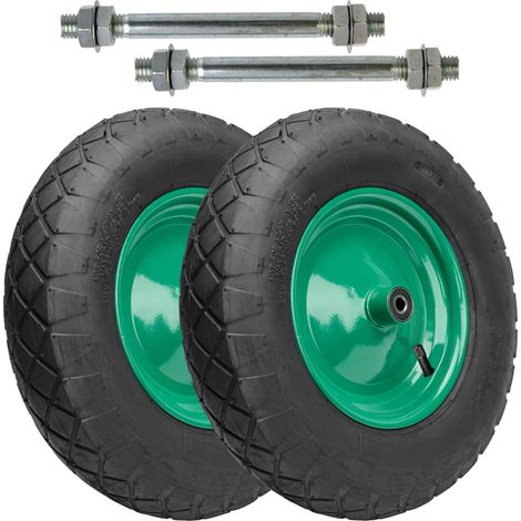 Garronda 2er Pack Ersatzrad Schubkarre 4.80/4.00-8 Schubkarrenrad Ø 390 mm Luftreifen 4PR Reifen bis 220 kg mit Achse Stahlfelge Kugellager für Gartenwagen Hof Baustelle GD-0163, Schwarz-Grün