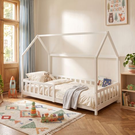 Cama infantil Hesel en forma de casa pino con reja 90x200cm -