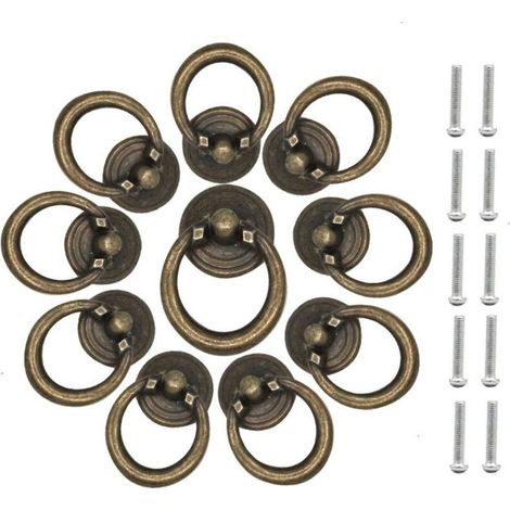 10 Pcs Vintage Poignée Tiroir Bague Poignée Traction d'Armoire Alliage Zinc Boutons d'Anneau de Tiroir Rond Poignée Anneau Goutte Antique pour Placard Armoire Commode Meubles, Rétro Bronze (1/5)