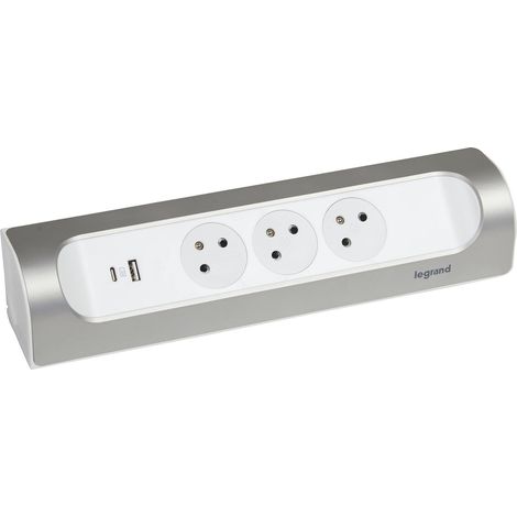Multiprise d'Angle à Câbler - 3 Prises Surface avec Terre + Prise USB-C + Prise USB-A - Installation Horizontale ou Verticale - Blanc et Alu