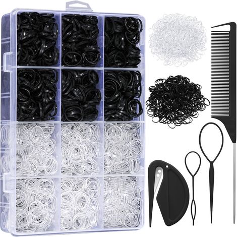 Lot de 2200 élastiques mini noirs et transparents pour cheveux, fournis avec outils de boucle capillaire et coupe-élastiques, boîte de rangement d'accessoires capillaires pour bébés, bambines, filles (1/5)