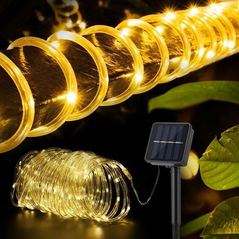 Lámpara de cuerda solar, 12 m, 100 LED, 8 modos de luz, resistente al agua IP65, Iluminación ambiental blanca cálida, jardín, valla y camping (1/5)