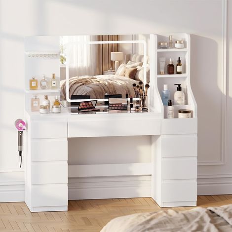 Coiffeuse avec Miroir LED et éclairage - 135 cm - avec Prise et USB - Tiroirs et Plateau en Verre - Blanc crème - Coiffeuse pour Chambre à Coucher (1/5)
