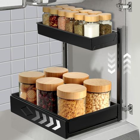 Rangement sous Evier à 2 Étages, Organisateur Cuisine, Hauteur RéGlable Tiroir Hauteur RéGlable Tiroir, pour Coins, Etagere Cuisine/Rangement Produits Menagers, Noir (1/5)