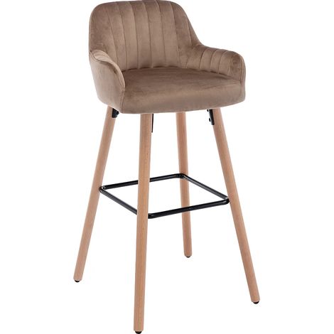 Vente-Unique – Tabouret de bar en velours beige – Hauteur d'assise 75 cm – Pieds en bois de hêtre – Garnissage mousse polyuréthane (1/5)