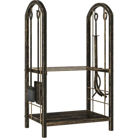 Abri à Bûches Extérieur/Intérieur 43x30x74 cm - 2 Niveaux - Avec 4 Outils et Crochets - Range-bûches Bois de Chauffage (1/5)