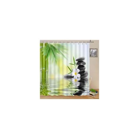 120x180cm Eau Spa Rideau de Douche Vert Bambou Feuilles Orchidée Fleur Zen Méditation Basalte Pierres Floral pour Salle de Bains Polyester avec Crochets (1/5)