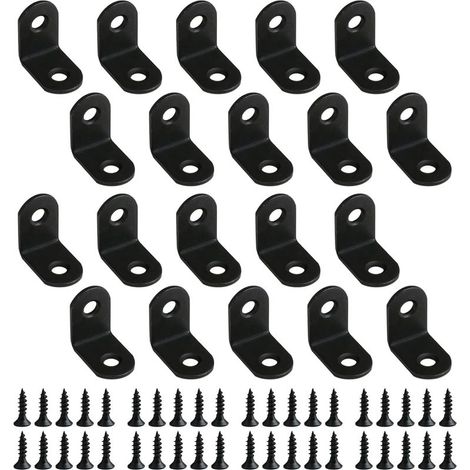 Lot de 20 Équerre de Fixation en Métal 25x25mm, Equerre Angle Support en Forme de L avec 40Pcs Vis, Connecteur D'Angle pour la Fixation et la Réparation Meubles, Étagères, Armoire, Bois (Noir) (1/5)