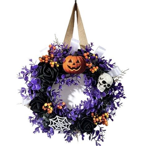 35 cm großer Halloween-Totenkopfkranz, lila gotischer Kranz zum Aufhängen an der Tür, gruselige Dekoration für Spukhäuser, schaurige Partydekoration für den Hauseingang (1/5)