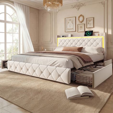 Lit avec tiroirs 160x200 cm - lit adulte avec coffre hydraulique, éclairage led, ports usb/type-c,sommier à lattes - velours, beige (1/5)