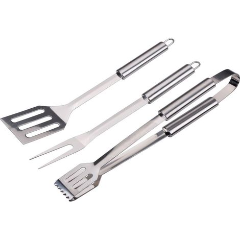 alpina Set Barbecue 3 Pezzi - Utensili Barbecue con Spatola e Pinza - Accessori Barbecue con Forchetta - Attrezzi Barbecue Acciaio Inox - Argento (1/5)