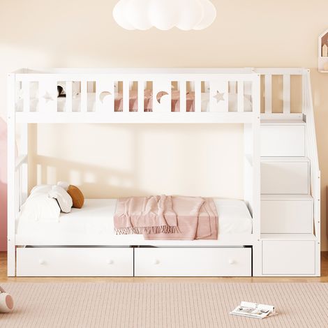 Lit enfant 90x200, lit superposé bois massif avec échelle de sécurité, rangements intégrés, 2 tiroirs spacieux, sommier à lattes, blanc (1/5)