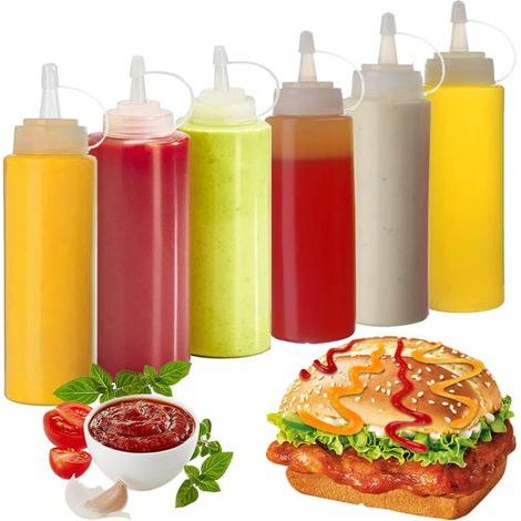 Set of 6 Squeezable Sauce Bottles – BPA-Free Food-Grade Plastic – Translucent for Quick Identification – For Ketchup, Mayonnaise, and Sauces (1/5)