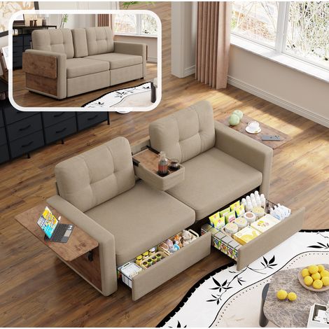 Sofá de 2 plazas de chenilla caqui con almacenaje y bandejas ajustables - CHICFURN (1/5)