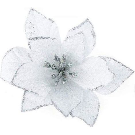 Roses De Noël - Fleurs Artificielles - Blanc Argent - 13 cm - PE + Poudre Scintillante - Pour Couronnes Sapins Guirlandes - 12 Pièces (1/2)
