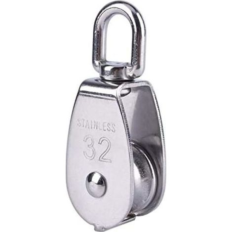 Polea simple de acero inoxidable M32, polea giratoria, capacidad de carga de 250 kg para elevación de cuerda - paquete individual, color plata