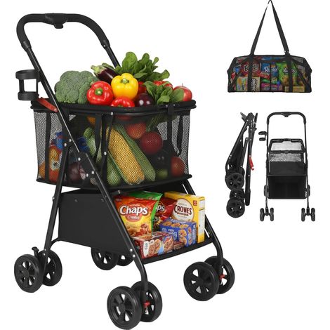 Carrito plegable, almacenamiento de 2 niveles, ruedas giratorias de 360°, negro. (1/2)