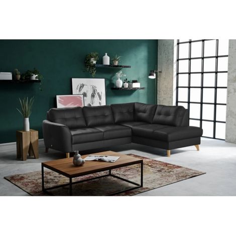 Canapé d'angle convertible en cuir italien de luxe 5 places NORIA avec coffre, noir, angle droit (1/5)