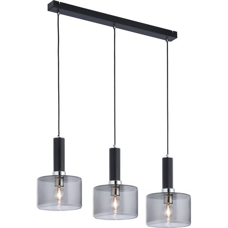Lampada sospesa nera barra 77cm vetro fumé 3xE27 Jupiter Vanes