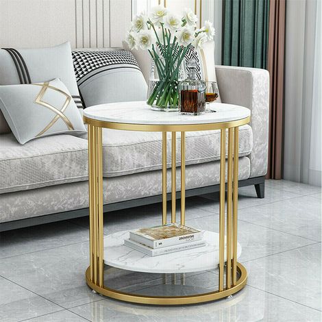 2 Tier Marble Simple Coffee Table Modern Round Sofa Side End Table Living Room, Gold
