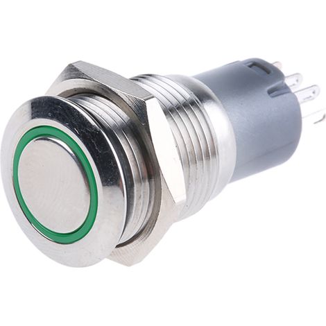 Bouton-poussoir, Momentané lumineux, LED Vert, Unipolaire à deux directions (1RT), 3 A @ 250 V c.a., Argent, Montage ( Prix pour 1 ) (1/2)